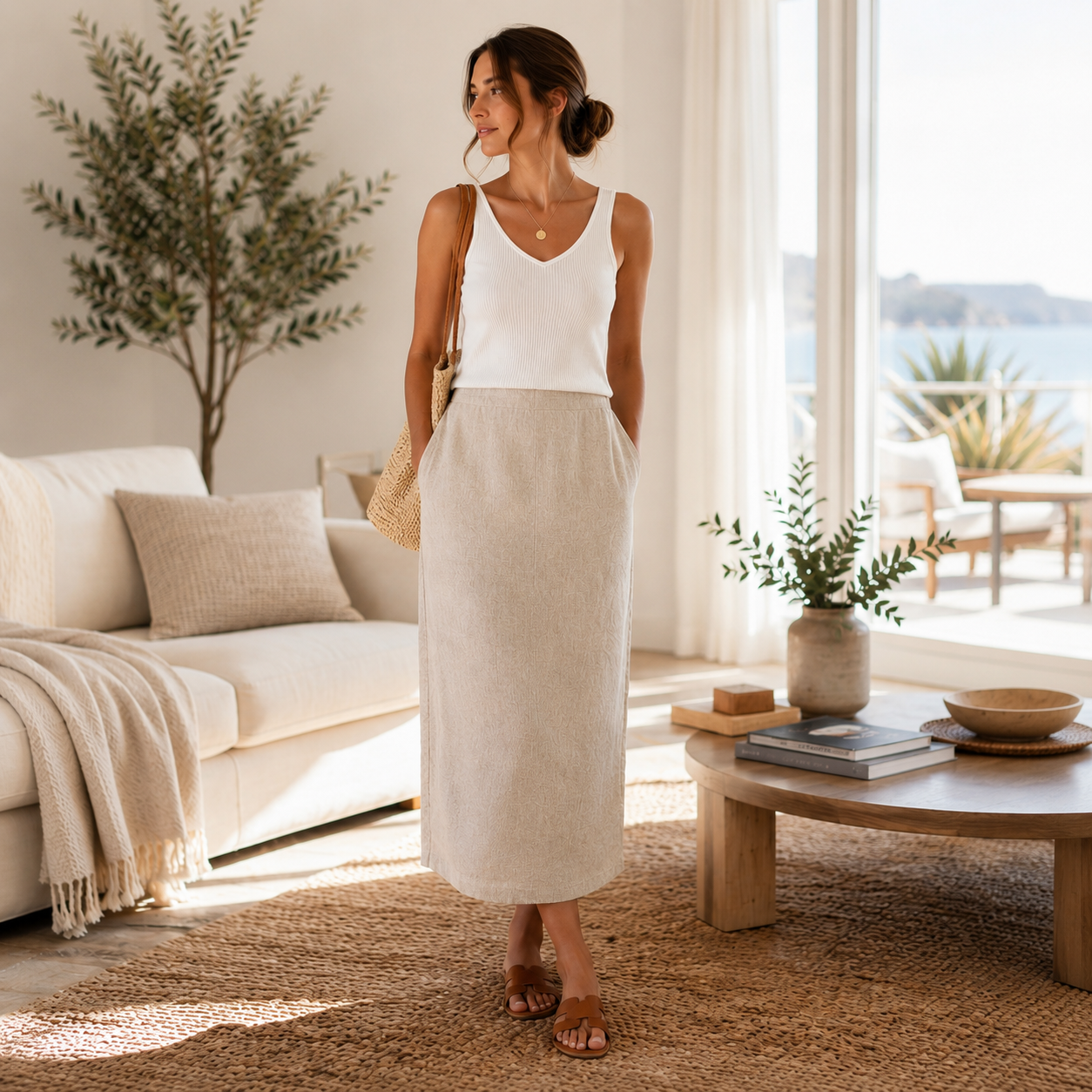 Harvé Benard 100% Linen Midi Skirt – Women's Petite 6P – Natural Oatmeal