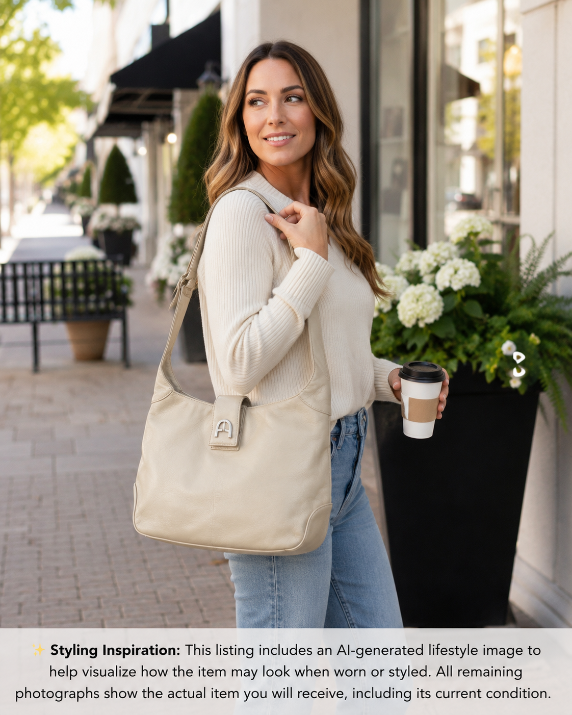 Etienne Aigner Genuine Leather Cream Shoulder Bag | Adjustable Strap | Ivory Hobo Purse
