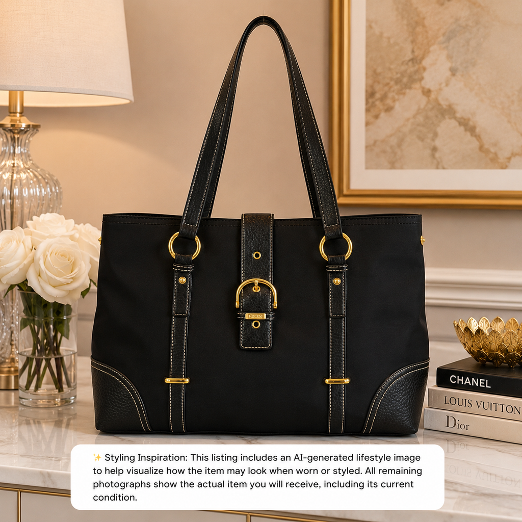 Chaps Black Nylon Tote Bag with Faux Leather Trim & Gold Hardware