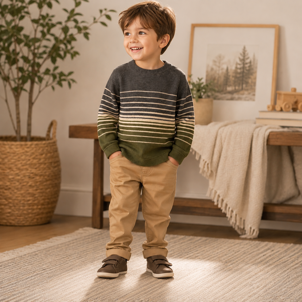 Baby Gap Toddler Striped Knit Sweater - Gray & Olive Green (Size 3 Years)