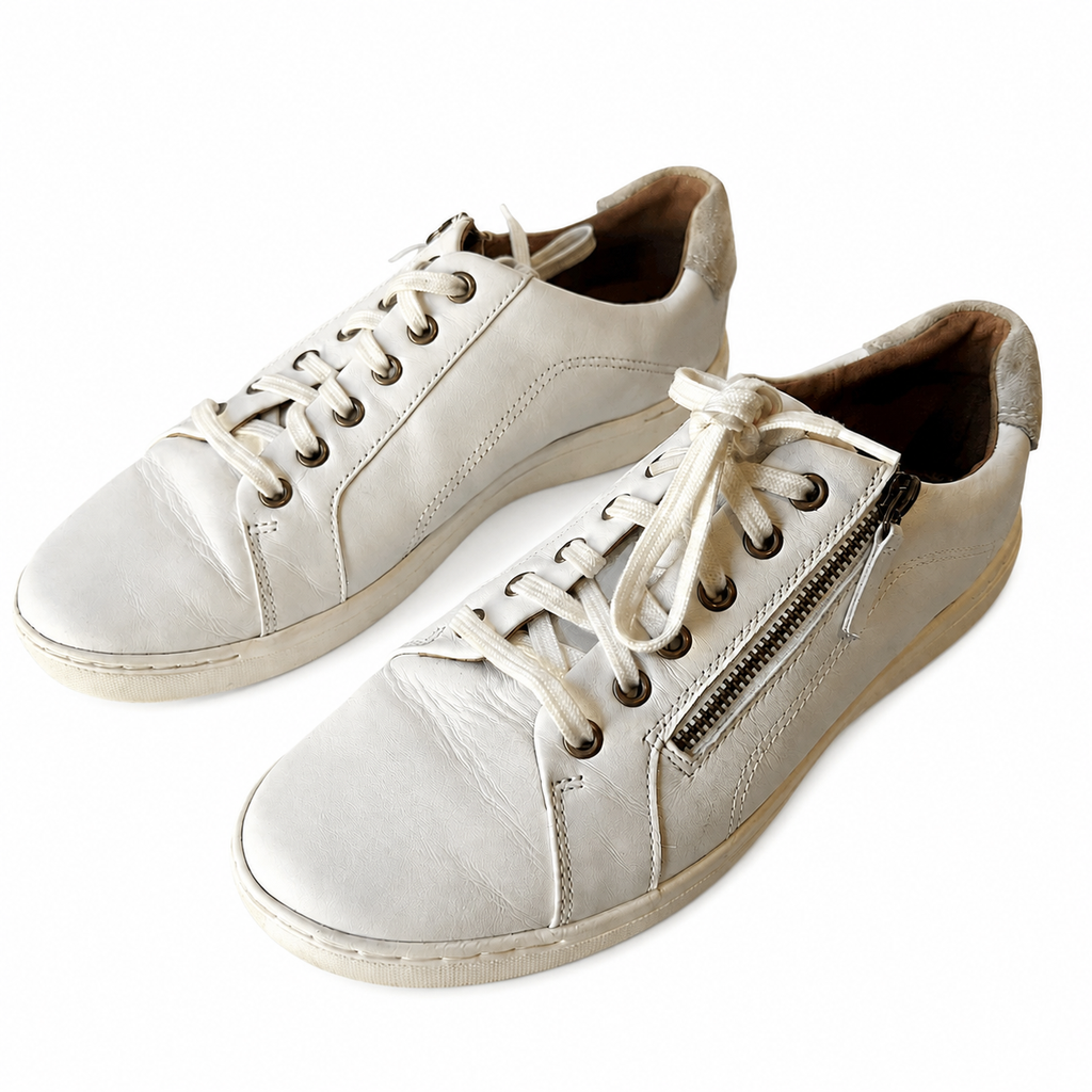 Clarks Women’s White Leather Side-Zip Sneakers – Size 10