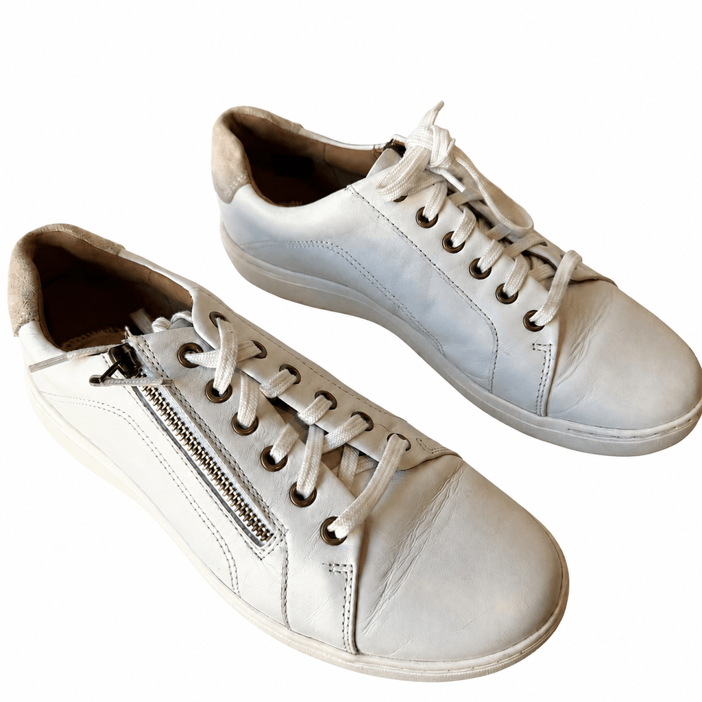 Clarks Women’s White Leather Side-Zip Sneakers – Size 10