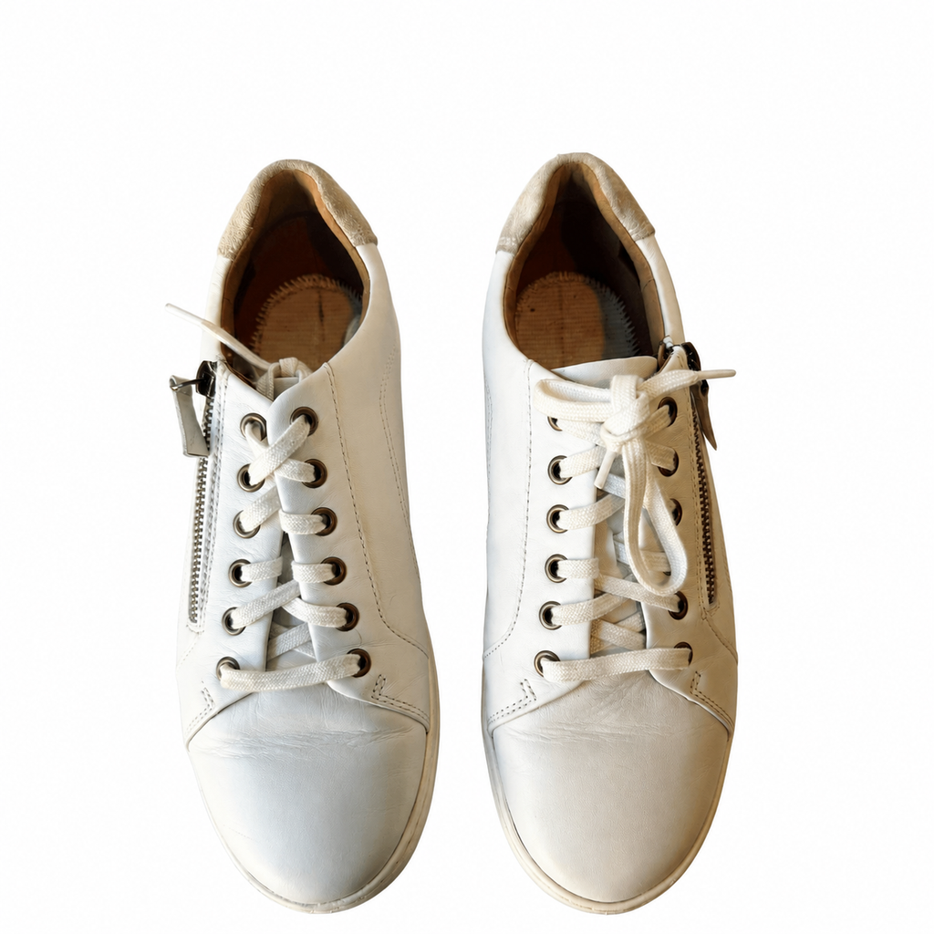 Clarks Women’s White Leather Side-Zip Sneakers – Size 10