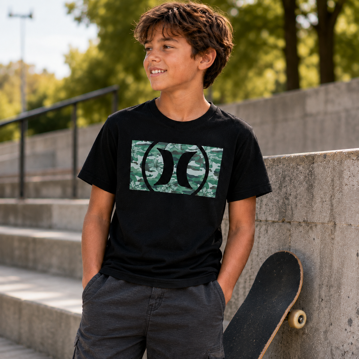 Hurley Boys Black Graphic Logo Tee – Green Camo | Size Medium (10–12)