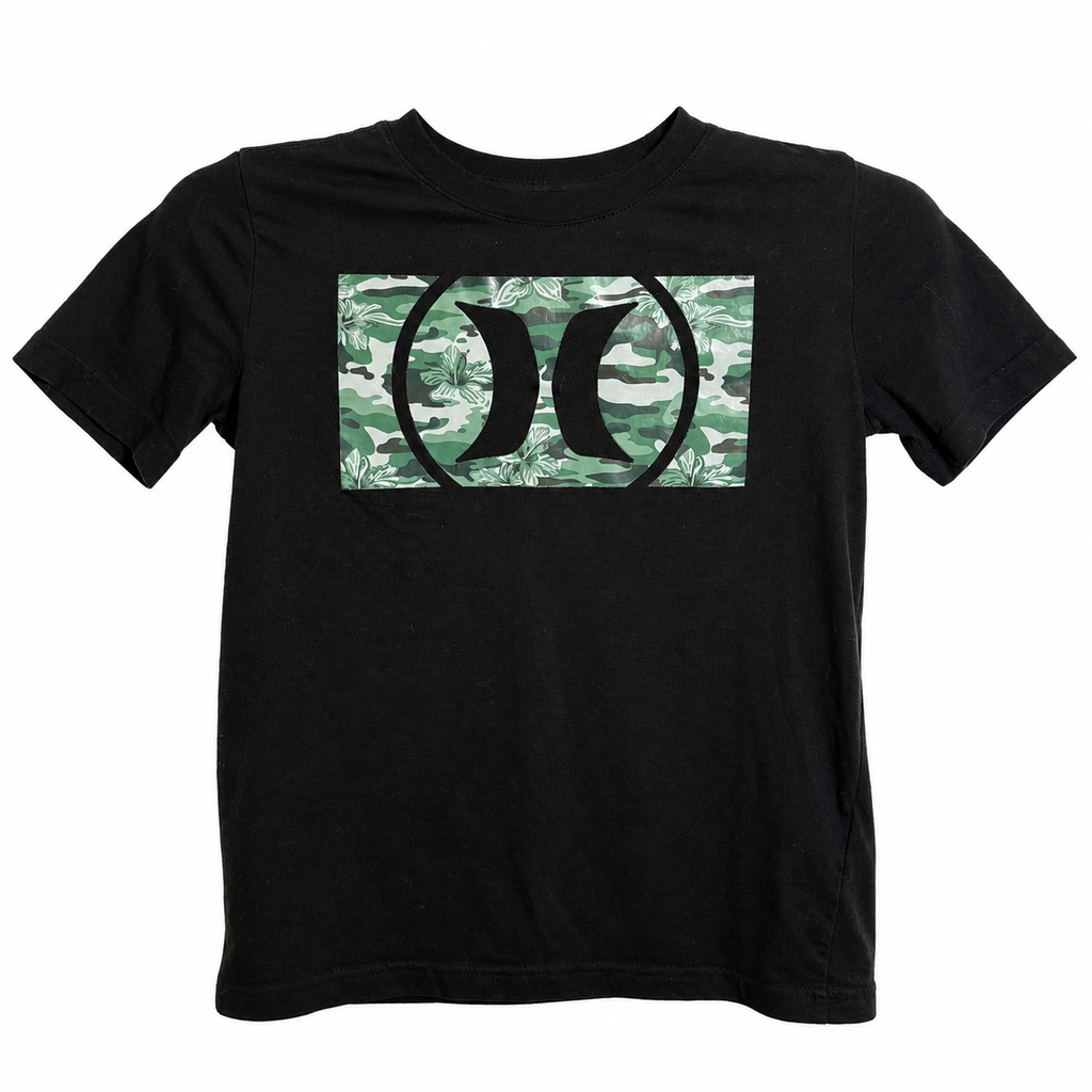 Hurley Boys Black Graphic Logo Tee – Green Camo | Size Medium (10–12)