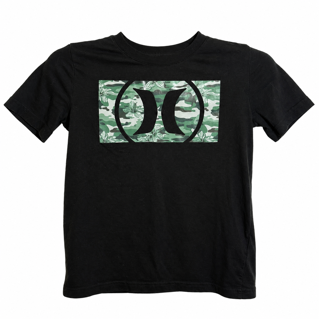 Hurley Boys Black Graphic Logo Tee – Green Camo | Size Medium (10–12)
