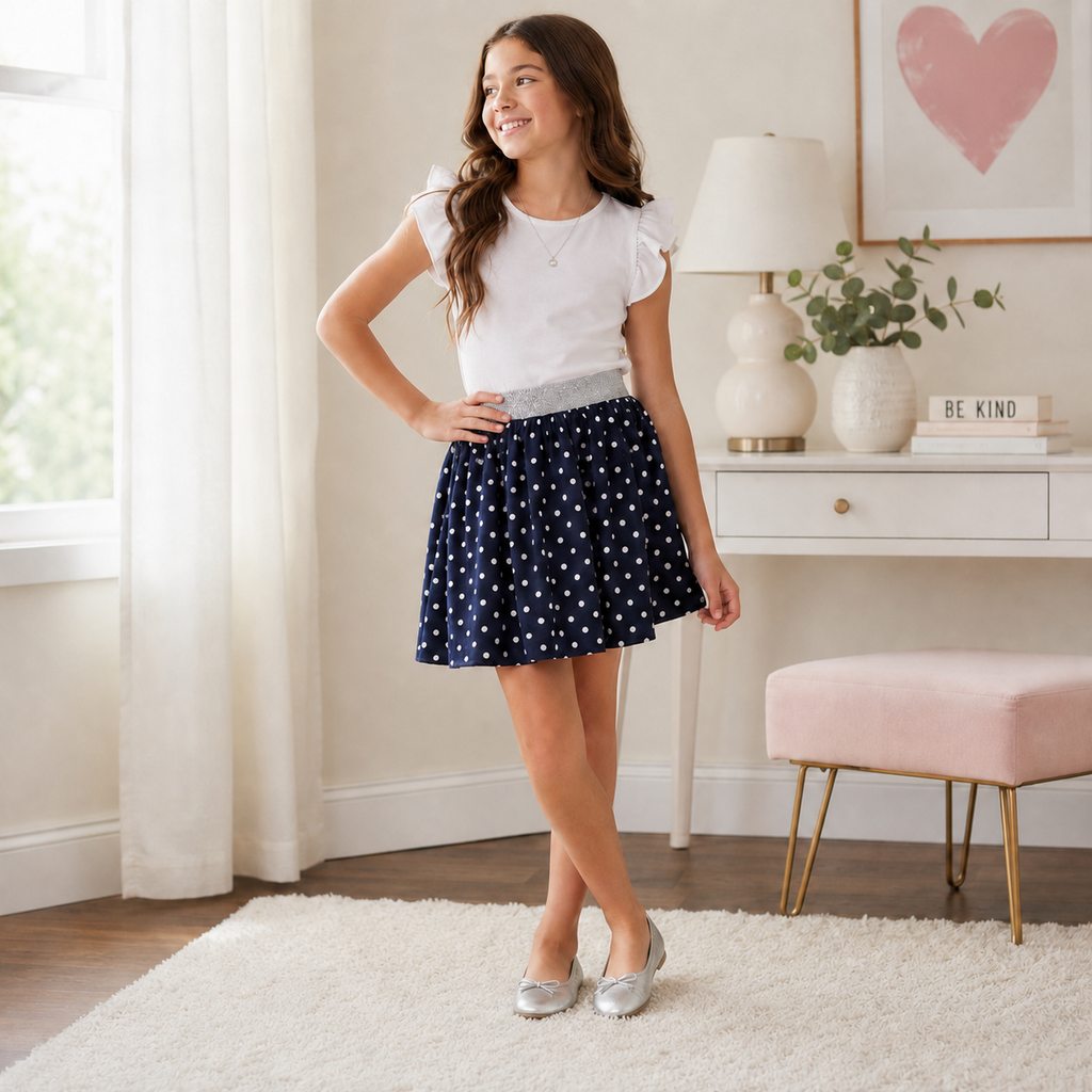 Kidpik Girls’ Navy Blue &amp; White Polka-Dot Skirt – XL 14