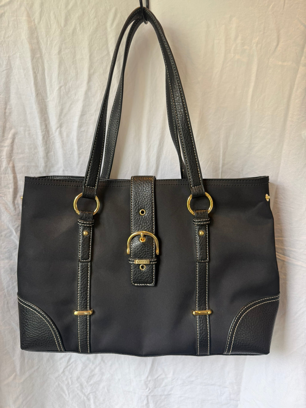 Chaps Black Nylon Tote Bag with Faux Leather Trim & Gold Hardware