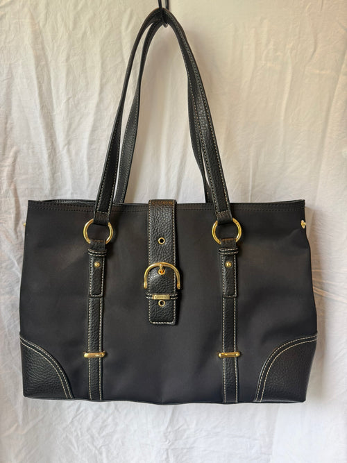 Chaps Black Nylon Tote Bag with Faux Leather Trim & Gold Hardware