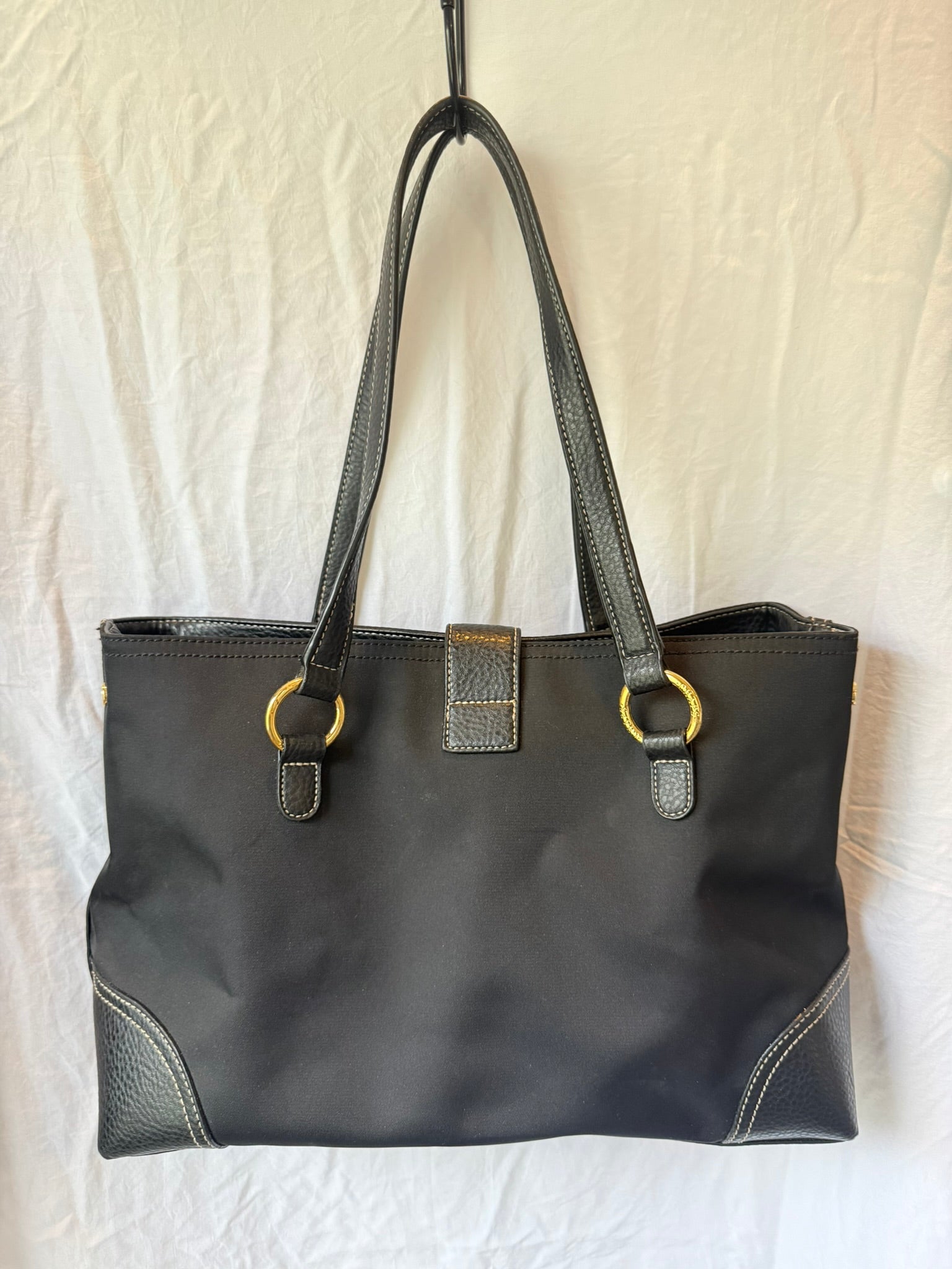 Chaps Black Nylon Tote Bag with Faux Leather Trim & Gold Hardware