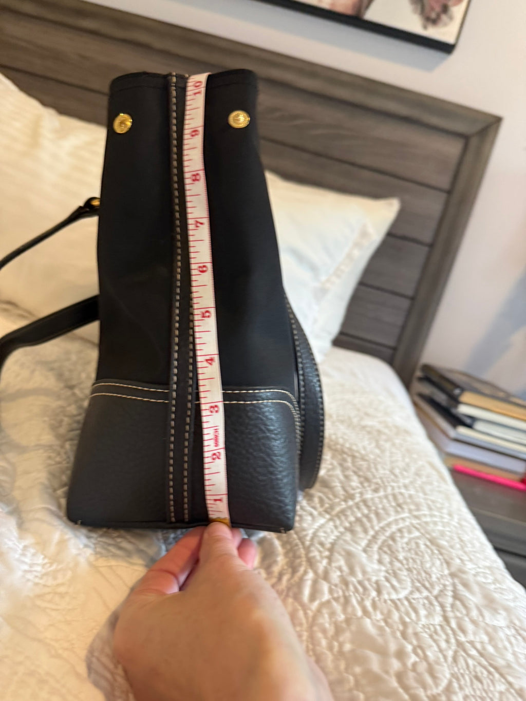 Chaps Black Nylon Tote Bag with Faux Leather Trim & Gold Hardware