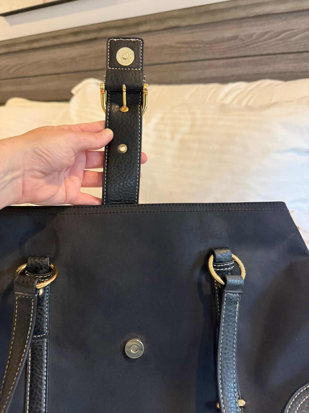 Chaps Black Nylon Tote Bag with Faux Leather Trim & Gold Hardware