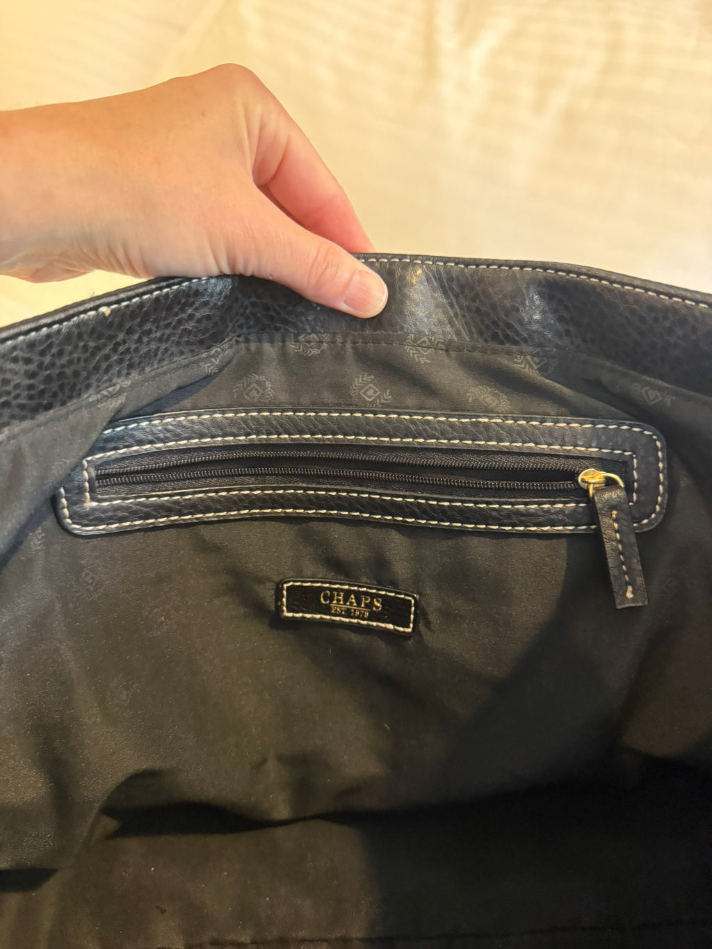 Chaps Black Nylon Tote Bag with Faux Leather Trim & Gold Hardware
