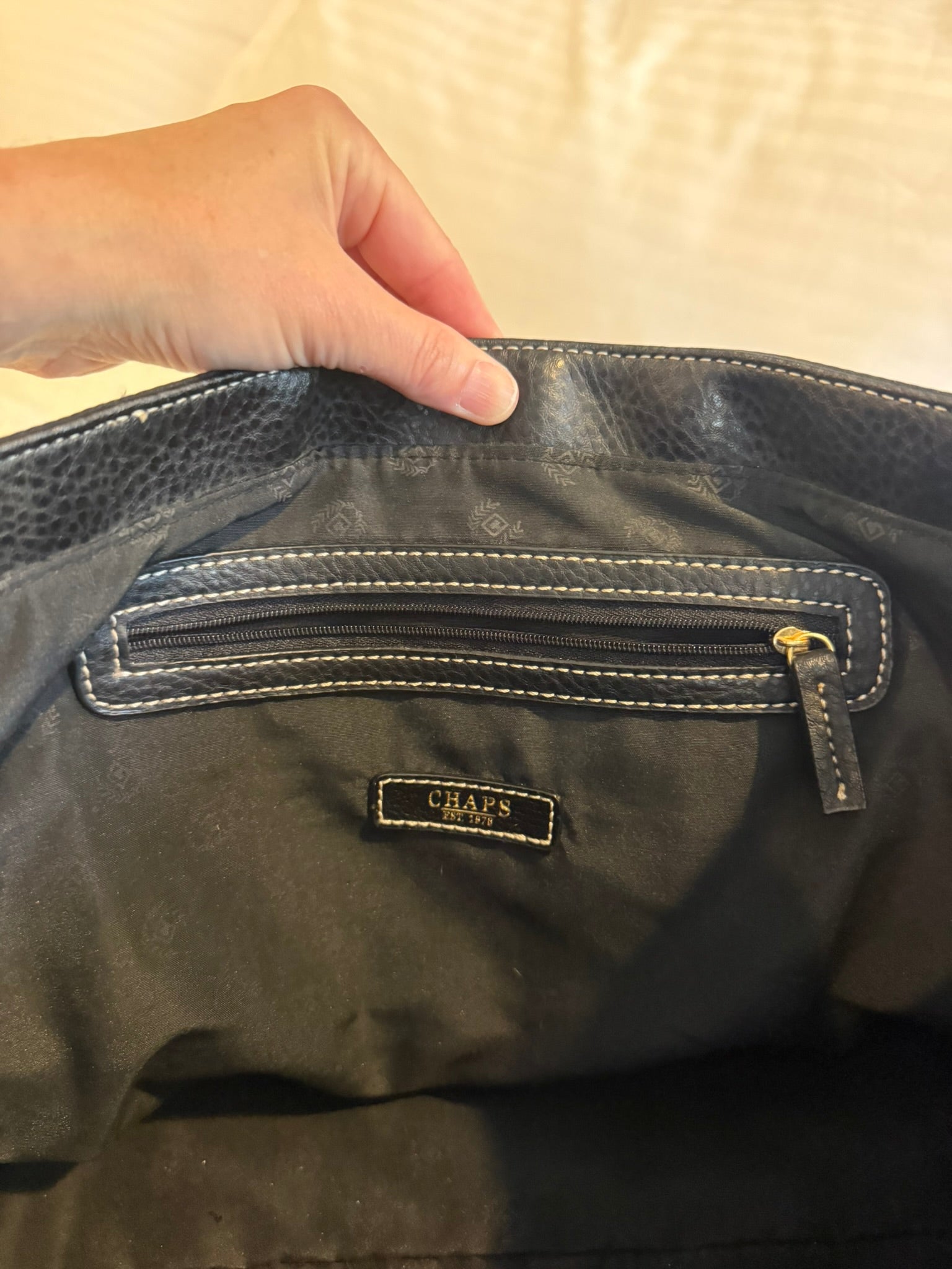Chaps Black Nylon Tote Bag with Faux Leather Trim & Gold Hardware