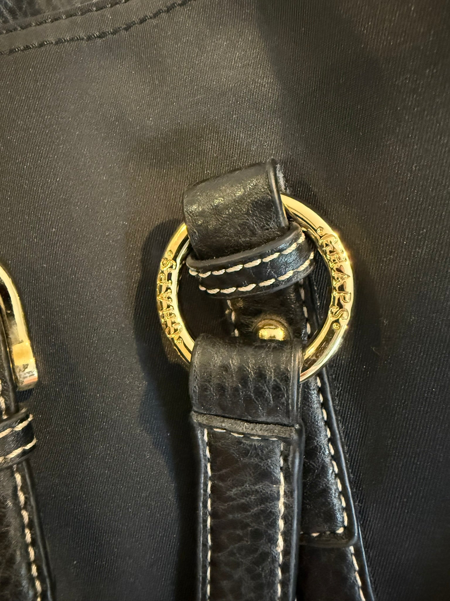 Chaps Black Nylon Tote Bag with Faux Leather Trim & Gold Hardware
