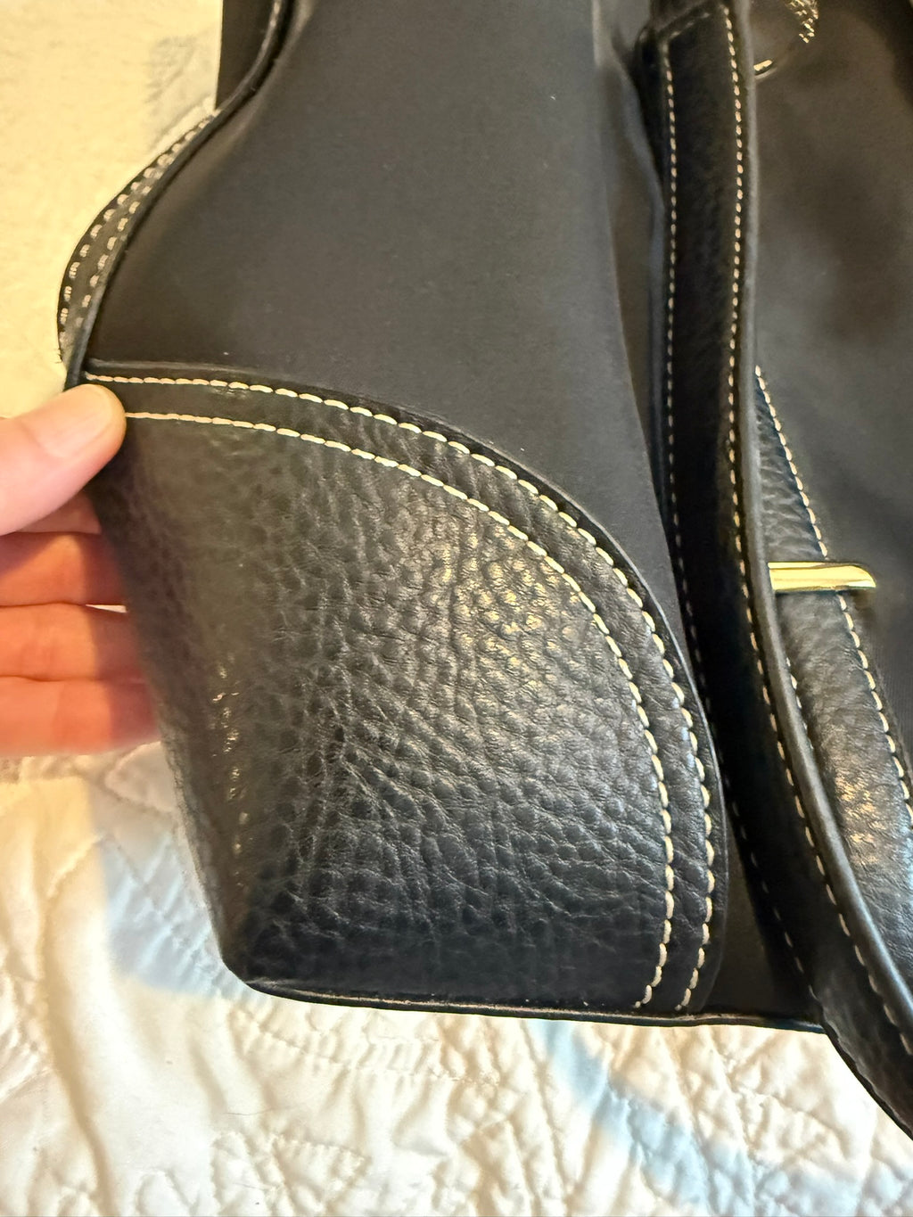 Chaps Black Nylon Tote Bag with Faux Leather Trim & Gold Hardware