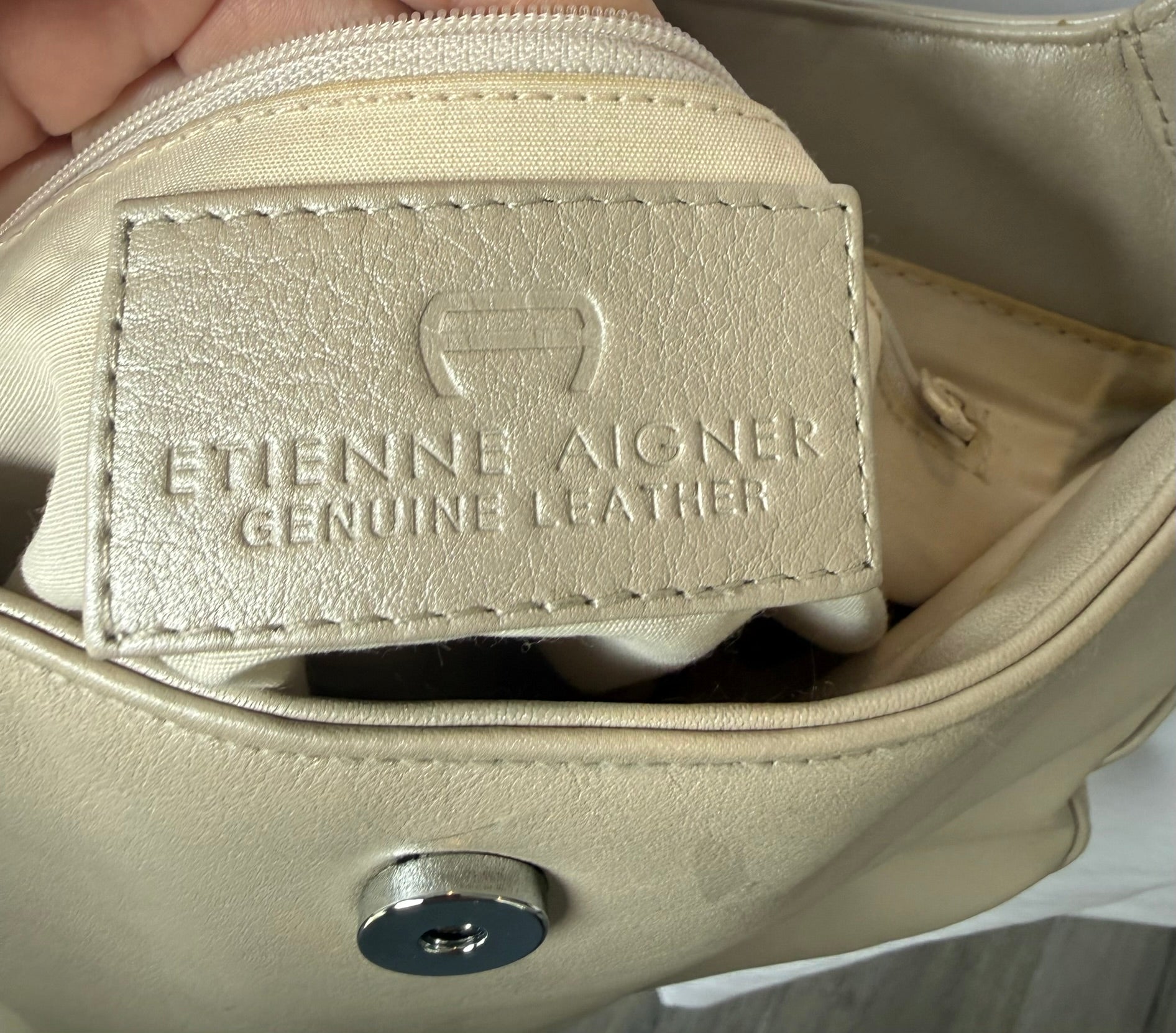 Etienne Aigner Genuine Leather Cream Shoulder Bag | Adjustable Strap | Ivory Hobo Purse
