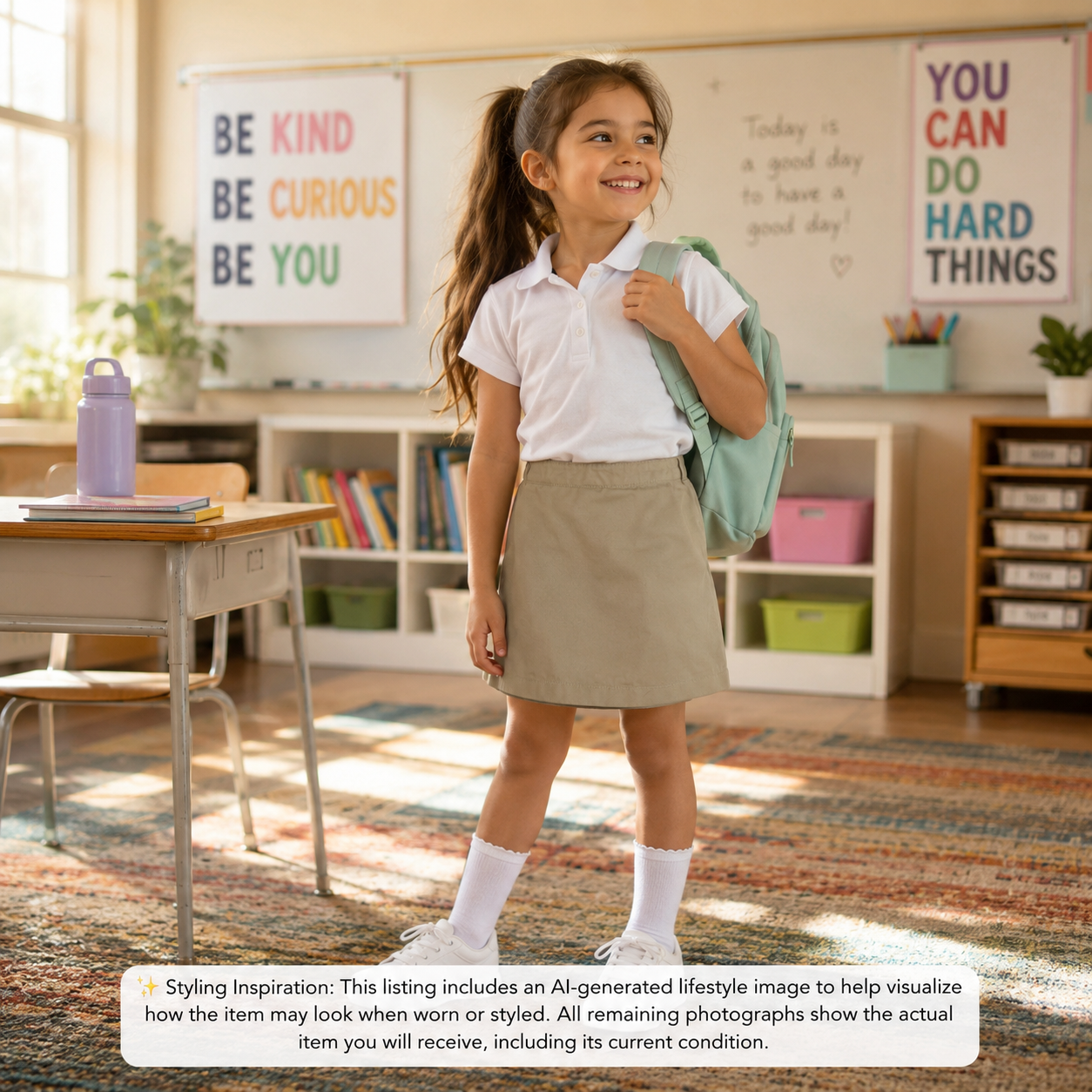 Lands' End Girls' Khaki School Uniform Skort with Built-In Shorts – Size 7
