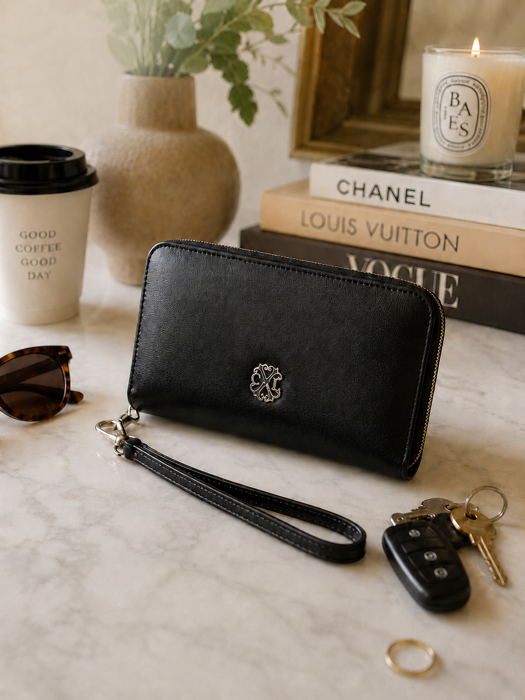 Christian Lacroix Black Zip-Around Wristlet Wallet with Removable Strap